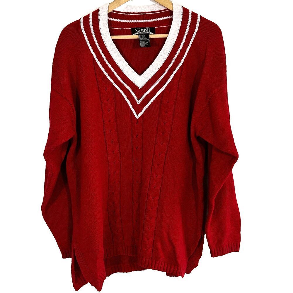 Vintage SK Wear Sweater Size Large V-Neck Tennis Preppy Academia Red Ramie